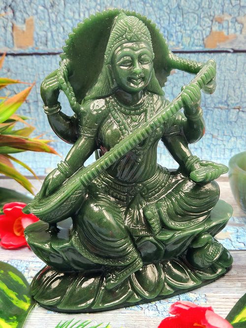 Exquisite handmade Saraswati carving in Columbian jade stone - Goddess of Learning idol/statue in gemstones and crystals - 6 in and 990 gm (2.18 lb)