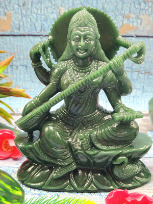 Exquisite handmade Saraswati carving in Columbian jade stone - Goddess of Learning idol/statue in gemstones and crystals - 6 in and 990 gm (2.18 lb)