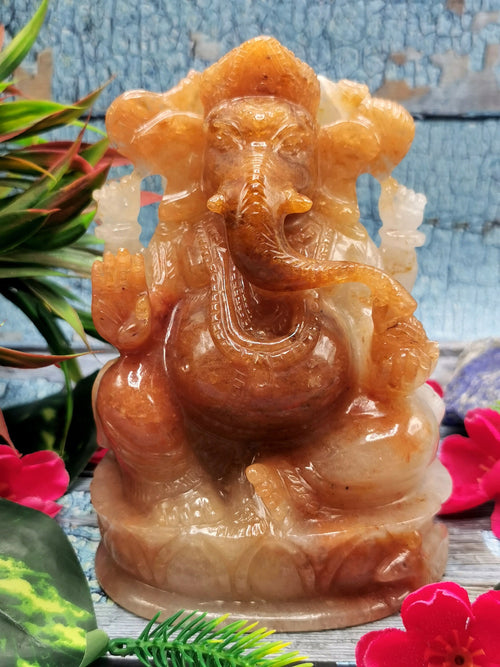 Carving of Ganesha in Orange Aventurine - Crystals/Gemstone - Reiki/Chakra/Healing/Energy - 6 in and 1.41 kg (3.10 lb)