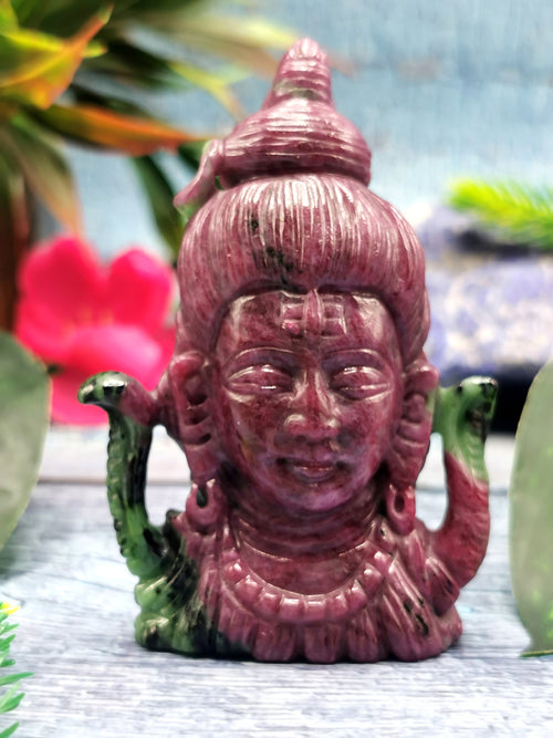 Ruby Zoisite Shiva Head Handmade - Ruby Ziosite Carving - Lord Shivshankar in crystals and gemstones | Reiki/Chakra/Healing - 3 inch and 677 carats