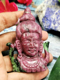 Ruby Zoisite Shiva Head Handmade - Ruby Ziosite Carving - Lord Shivshankar in crystals and gemstones | Reiki/Chakra/Healing - 3 inch and 677 carats