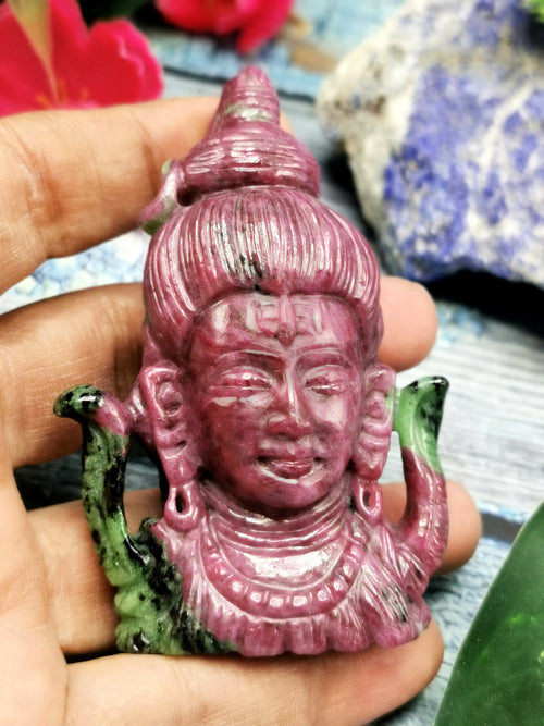Ruby Zoisite Shiva Head Handmade - Ruby Ziosite Carving - Lord Shivshankar in crystals and gemstones | Reiki/Chakra/Healing - 3 inch and 677 carats