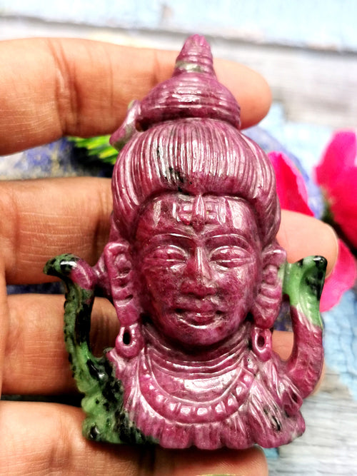 Ruby Zoisite Shiva Head Handmade - Ruby Ziosite Carving - Lord Shivshankar in crystals and gemstones | Reiki/Chakra/Healing - 3 inch and 677 carats