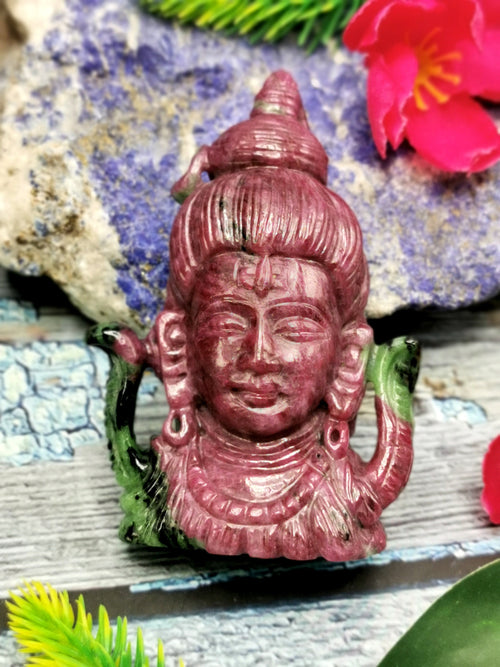 Ruby Zoisite Shiva Head Handmade - Ruby Ziosite Carving - Lord Shivshankar in crystals and gemstones | Reiki/Chakra/Healing - 3 inch and 677 carats