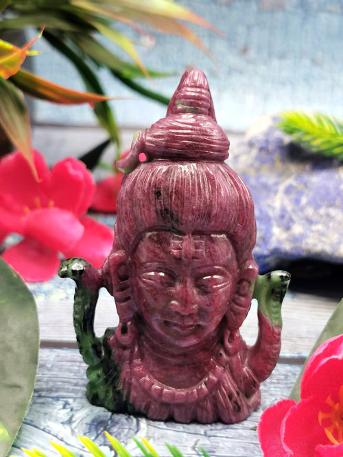 Ruby Zoisite Shiva Head Handmade - Ruby Ziosite Carving - Lord Shivshankar in crystals and gemstones | Reiki/Chakra/Healing - 3 inch and 677 carats