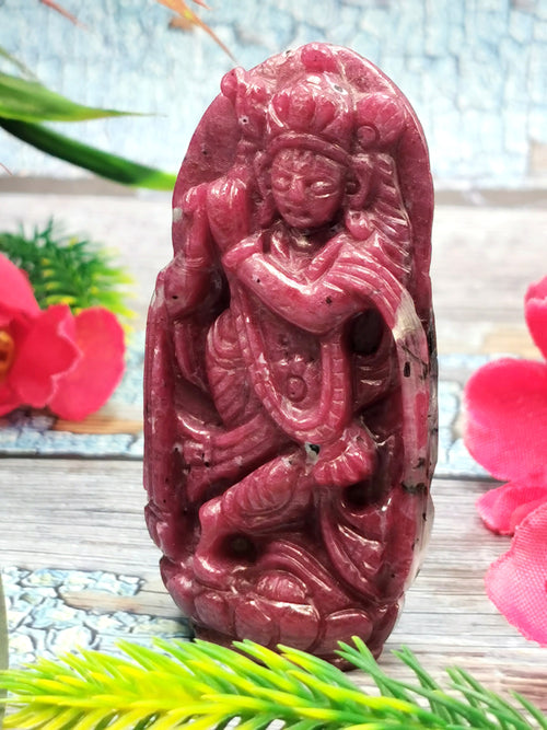 Ruby Ziosite Crystal Handmade Carving of Krishna - Lord Krishna Statue/Idol/Murti in Crystals - Reiki/Chakra - 3 inches and 455 carats