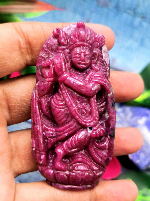 Ruby Ziosite Crystal Handmade Carving of Krishna - Lord Krishna Statue/Idol/Murti in Crystals - Reiki/Chakra - 3 inches and 455 carats