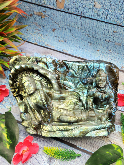 Flashy natural Labradorite crystal Handmade Carving of Vishnu and Lakshmi - Lord Vishnu and Goddess Laxmi Idol in crystals and gemstones - 6 inches and 2.05 kg