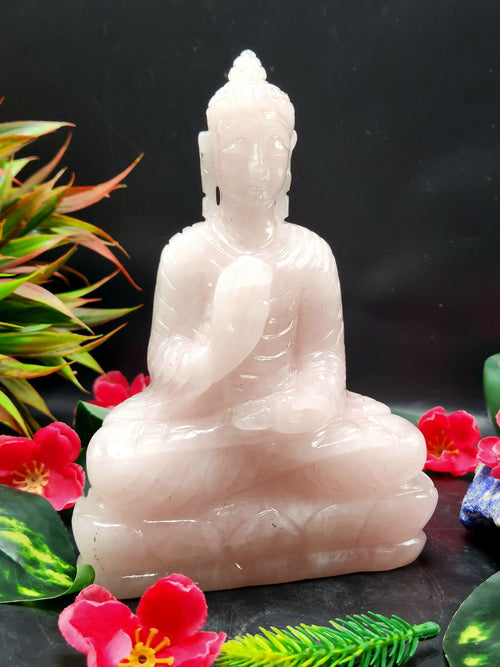 Rose Quartz crystal Buddha - handmade carving of serene and meditating Lord Buddha - crystal/reiki/healing - 6.5 inches and 1.50 kg (3.3 lb)