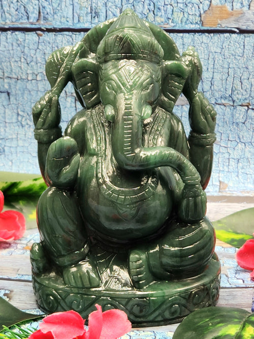 Handmade Columbian Jade gemstone Carving of Ganesh - Lord Ganesha Idol/Murti/Statue in Crystals and Gemstones - 5.5 inch and 1.24 kg (2.73 lb)