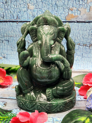 Handmade Columbian Jade gemstone Carving of Ganesh - Lord Ganesha Idol/Murti/Statue in Crystals and Gemstones - 5.5 inch and 1.24 kg (2.73 lb)