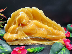 Handmade Buddha carving in parinirvana pose in yellow calcite - serene Lord Buddha - crystal/reiki/healing - 10.5 inches and 2.5 kgs