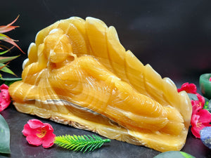 Handmade Buddha carving in parinirvana pose in yellow calcite - serene Lord Buddha - crystal/reiki/healing - 10.5 inches and 2.5 kgs