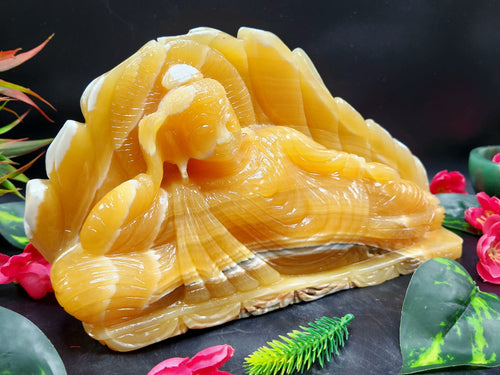 Handmade Buddha carving in parinirvana pose in yellow calcite - serene Lord Buddha - crystal/reiki/healing - 10.5 inches and 2.5 kgs
