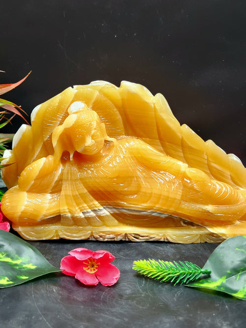 Handmade Buddha carving in parinirvana pose in yellow calcite - serene Lord Buddha - crystal/reiki/healing - 10.5 inches and 2.5 kgs