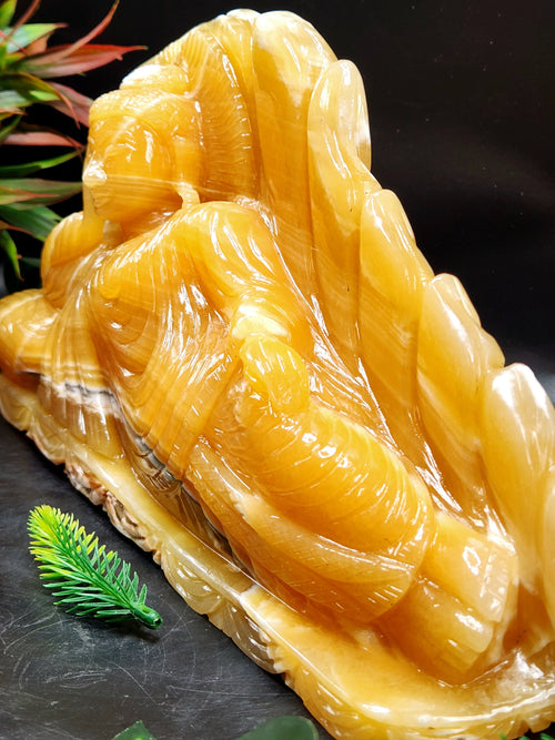 Handmade Buddha carving in parinirvana pose in yellow calcite - serene Lord Buddha - crystal/reiki/healing - 10.5 inches and 2.5 kgs