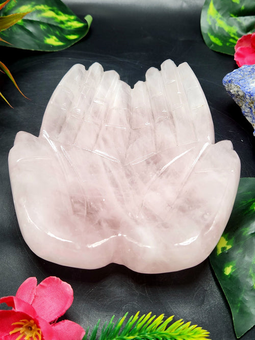 Beautiful open palms home decor piece in rose quartz stone - crystals and gemstones - reiki/chakra/healing/energy - 5 inch and 630 gms