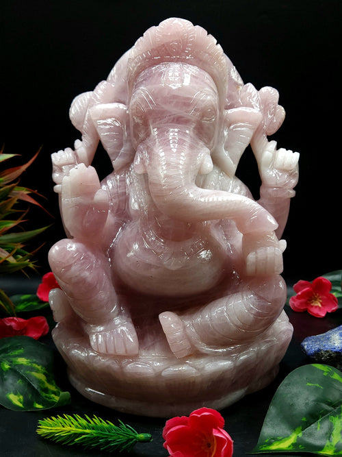 Large Ganesh gemstone Carving Handmade in Rose Quartz crystal  - Lord Ganesha Idol |Sculpture in Crystals and Gemstones -Reiki/Chakra - 9.5 inch and 5.43 kgs