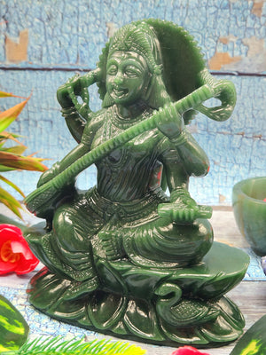 Exquisite handmade Saraswati carving in Columbian jade stone - Goddess of Learning idol/statue in gemstones and crystals - 6 in and 990 gm (2.18 lb)