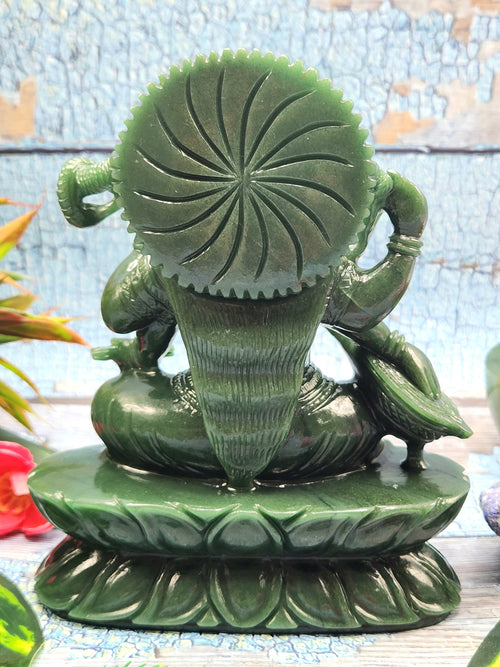 Exquisite handmade Saraswati carving in Columbian jade stone - Goddess of Learning idol/statue in gemstones and crystals - 6 in and 990 gm (2.18 lb)