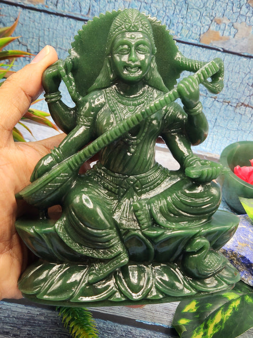 Exquisite handmade Saraswati carving in Columbian jade stone - Goddess of Learning idol/statue in gemstones and crystals - 6 in and 990 gm (2.18 lb)