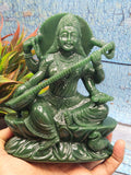 Exquisite handmade Saraswati carving in Columbian jade stone - Goddess of Learning idol/statue in gemstones and crystals - 6 in and 990 gm (2.18 lb)