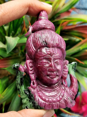 Ruby Zoisite Shiva Head Handmade - Ruby Ziosite Carving - Lord Shivshankar in crystals and gemstones | Reiki/Chakra/Healing - 3 inch and 677 carats