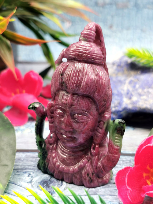 Ruby Zoisite Shiva Head Handmade - Ruby Ziosite Carving - Lord Shivshankar in crystals and gemstones | Reiki/Chakra/Healing - 3 inch and 677 carats