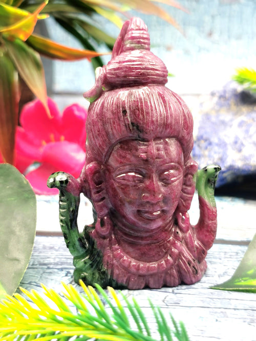 Ruby Zoisite Shiva Head Handmade - Ruby Ziosite Carving - Lord Shivshankar in crystals and gemstones | Reiki/Chakra/Healing - 3 inch and 677 carats