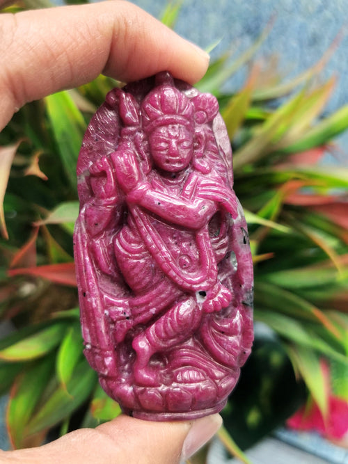 Ruby Ziosite Crystal Handmade Carving of Krishna - Lord Krishna Statue/Idol/Murti in Crystals - Reiki/Chakra - 3 inches and 455 carats