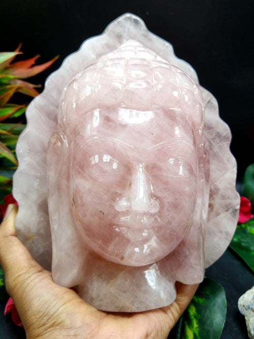 Pink Rose Quartz Buddha Face/Head - handmade carving of serene face of Lord Buddha - crystal/reiki/healing - 8 inches and 3 kg (6.6 lb)