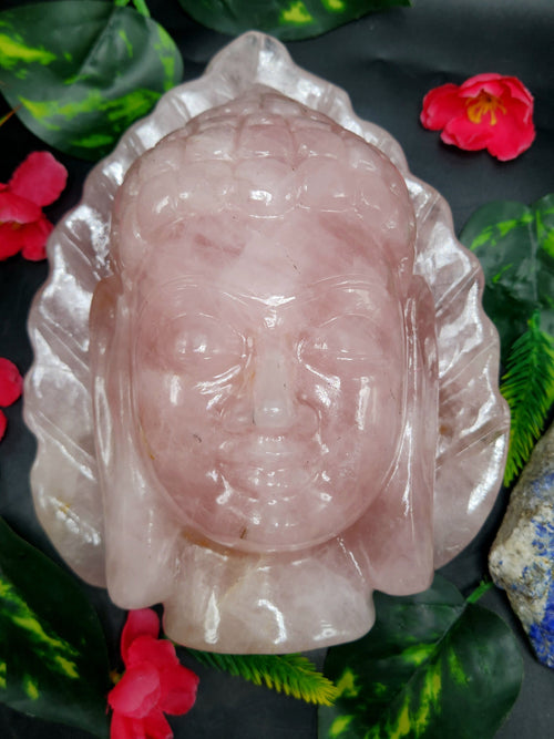 Pink Rose Quartz Buddha Face/Head - handmade carving of serene face of Lord Buddha - crystal/reiki/healing - 8 inches and 3 kg (6.6 lb)