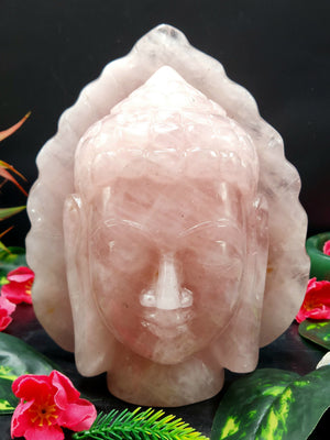 Pink Rose Quartz Buddha Face/Head - handmade carving of serene face of Lord Buddha - crystal/reiki/healing - 8 inches and 3 kg (6.6 lb)
