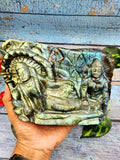 Flashy natural Labradorite crystal Handmade Carving of Vishnu and Lakshmi - Lord Vishnu and Goddess Laxmi Idol in crystals and gemstones - 6 inches and 2.05 kg