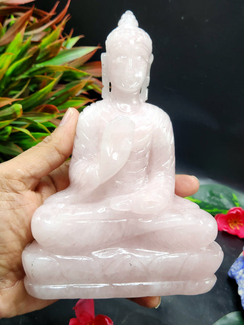 Rose Quartz crystal Buddha - handmade carving of serene and meditating Lord Buddha - crystal/reiki/healing - 6.5 inches and 1.50 kg (3.3 lb)