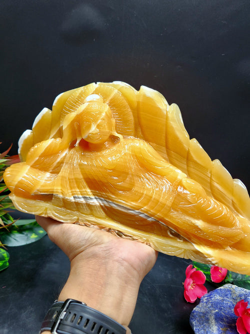 Handmade Buddha carving in parinirvana pose in yellow calcite - serene Lord Buddha - crystal/reiki/healing - 10.5 inches and 2.5 kgs
