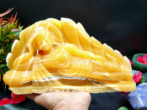 Handmade Buddha carving in parinirvana pose in yellow calcite - serene Lord Buddha - crystal/reiki/healing - 10.5 inches and 2.5 kgs