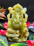 Green Onyx gemstone carving of Ganesh - Lapidary Art - Lord Ganesha Idol/Murti/Statue in Crystals and Gemstones - 6 inch and 1.12 kg (2.46 lb)