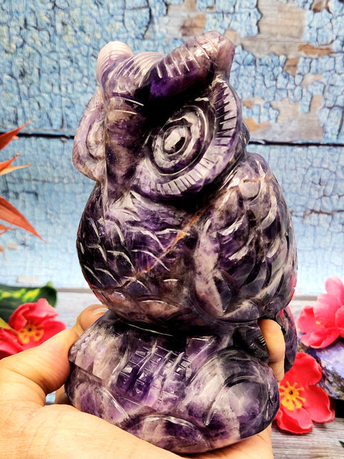 Hand carved owl carving in natural amethyst stone - reiki/chakra/healing/crystal - 5.5 inches and 1.27 kg (2.79 lb)