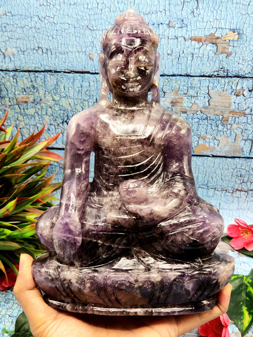Gemstone Amethyst Buddha - handmade carving of serene and meditating Lord Buddha - crystal/reiki/healing - 10 inches and 2.95 kgs (6.49 lb)