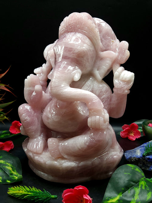 Large Ganesh gemstone Carving Handmade in Rose Quartz crystal  - Lord Ganesha Idol |Sculpture in Crystals and Gemstones -Reiki/Chakra - 9.5 inch and 5.43 kgs