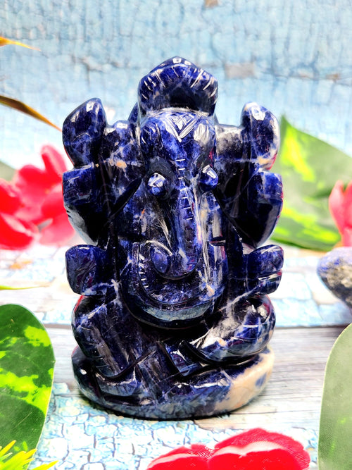 Gift a Ganesha - Sodalite Handmade Carving of Ganesh - Idol/Murti in Crystals and Gemstones -Reiki/Chakra/Healing - 3.5 inches and 192 gms