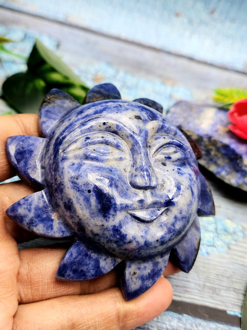 Sodalite natural stone hand carving of Sun - crystal/reiki/chakra/healing - 3.5 inches diameter and 165 gms weight