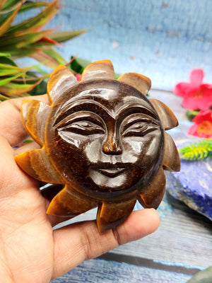 Tiger Eye natural stone hand carving of Sun - crystal/reiki/chakra/healing - 3.5 inches diameter and 155 gms weight