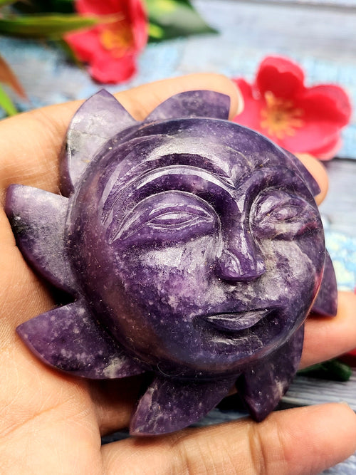 Lepidolite Sun face - natural stone hand carving  - crystal/reiki/chakra/healing - 3 inches diameter and 155 gms weight