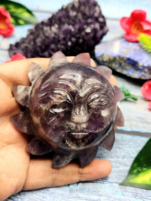 Sun face - Amethyst natural stone hand carving of Sun - crystal/reiki/chakra/healing - 3 inches diameter and 205 gms weight