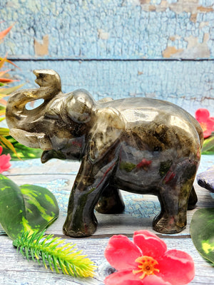 Black Rainbow moonstone or Labradorite carving of Elephant with beautiful flash - Elephant gifts, Animal figurines and hand carvings in labradorite - 4.5 inches