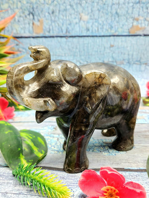Black Rainbow moonstone or Labradorite carving of Elephant with beautiful flash - Elephant gifts, Animal figurines and hand carvings in labradorite - 4.5 inches