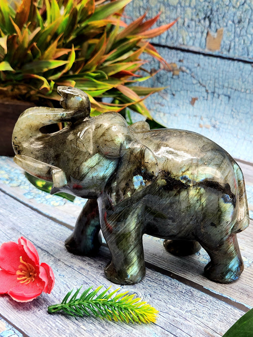 Home Décor - Labradorite carving of Elephant with beautiful flash - El