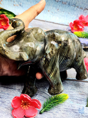 Home Décor - Labradorite carving of Elephant with beautiful flash - Elephant gifts, Animal figurines and hand carvings in labradorite - 5 inches